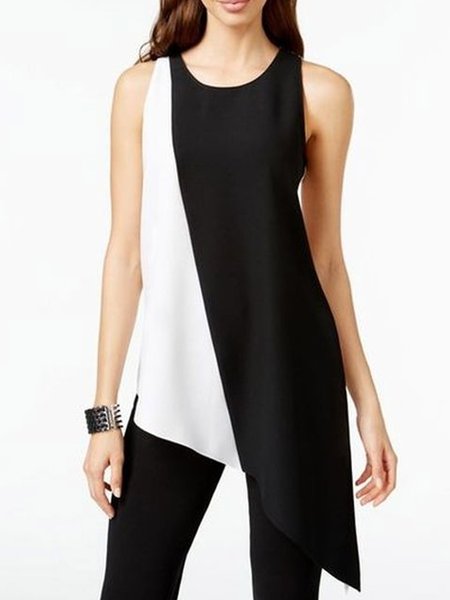 

Color Block Slit Top, Black-white, Blouses and Shirts