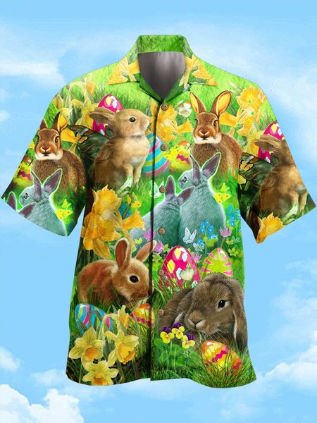 Mens Easter Print Casual Breathable Hawaiian Short Sleeve Shirt, Green, Men's Floral shirt