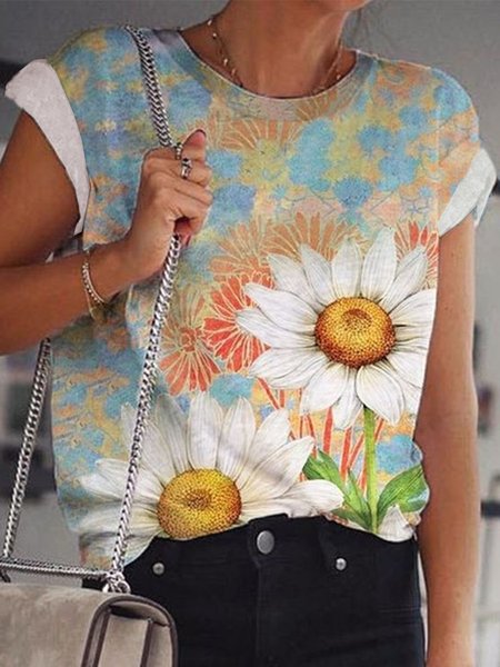 

Floral Casual Loosen Crew Neck Short Sleeve T-Shirt, Flower, T-Shirts