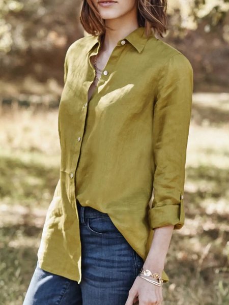 

Shirt Collar Loosen Solid Long Sleeve Blouse, Green, Blouses & Shirts