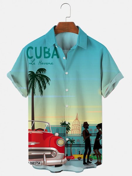 

Mens Retro Coconut Tree Print Round Hem Loose Short Sleeve Hawaiian Shirts, Blue, Men's Floral shirt