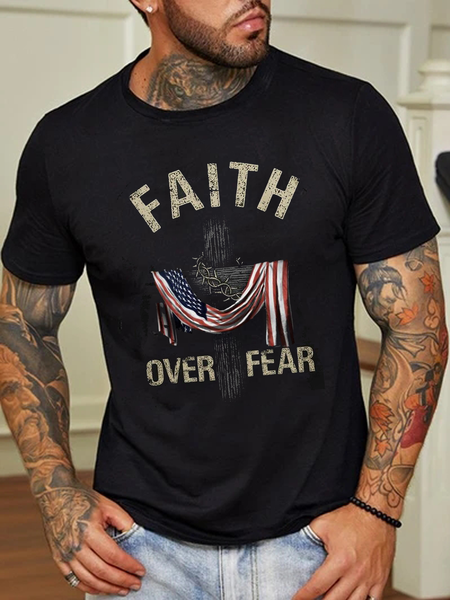 

Faith, American Flag, Cross Letters Culture Short Sleeve T-Shirt, Black, T-Shirts