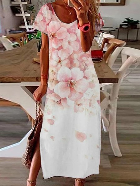 

Floral Casual Loosen Short Sleeve Woven Dress, Pink, Maxi Dresses
