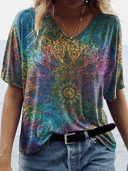 

Womens V-neck Mandala Patterns Casual Tees, Blue, T-Shirts