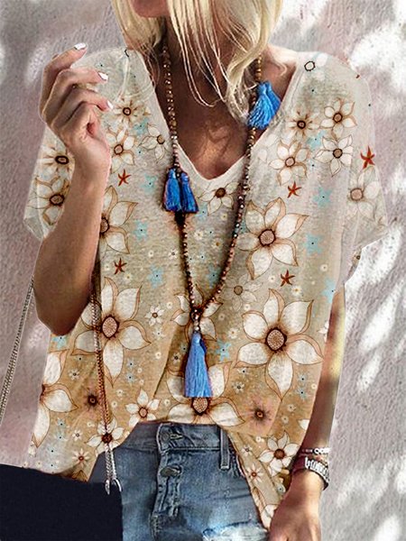 

Floral Printed Short Sleeve V Neck Plus Size Casual Top, Multicolor, T-Shirts