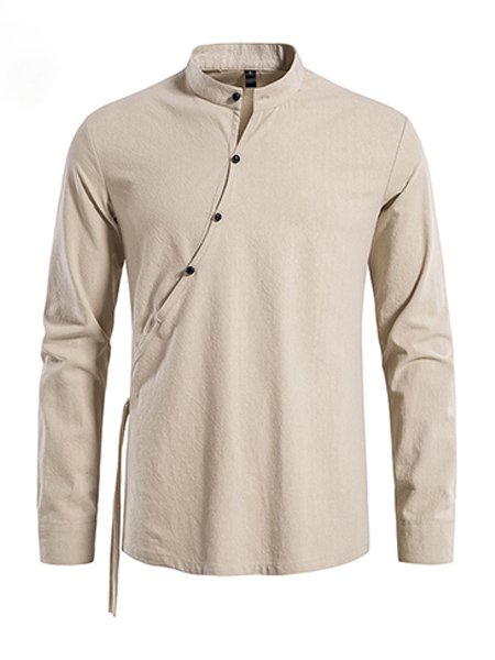 

Men's Slanted Placket Vintage Linen Long Sleeve Shirt, Khaki, Shirts ＆ Blouse