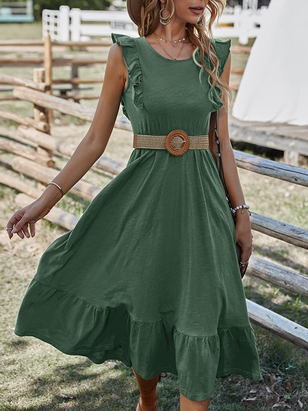 

Green Ruffled Ruched Hem Sleeveless Midi Plain Resort Dress V Neck Plain Short Sleeve Knit Dress, Dresses