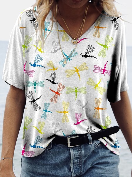 

Loosen Butterfly V Neck Short Sleeve T-Shirt, White, T-Shirts