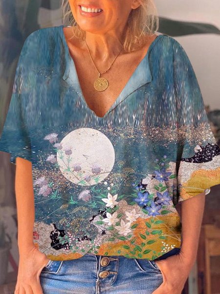 

Loosen Landscape Print Casual Short Sleeve Tops, Multicolor, T-Shirts
