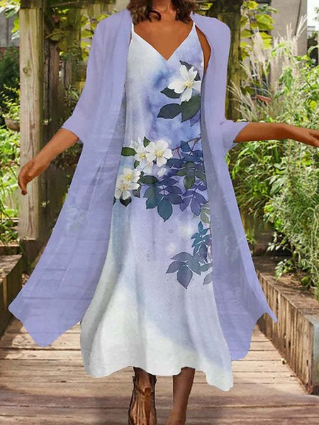 

Casual Floral V Neck Sleeveless Two Piece Sets, As picture, Maxi Dresses