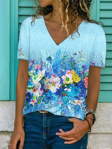 

Floral V Neck Short Sleeve Casual T-Shirt, Blue, T-Shirts