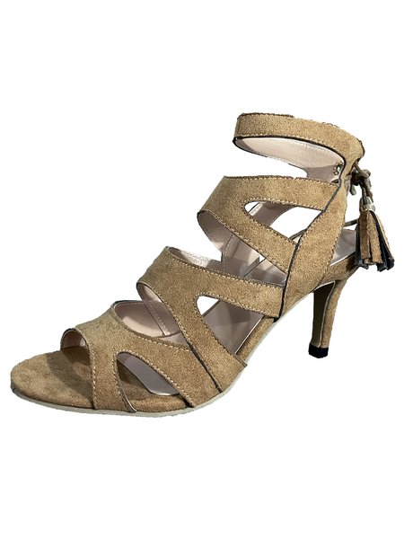 

Sexy Cutout Back Lace-Up Fringe Charm Stiletto Sandals, Khaki, Sandals
