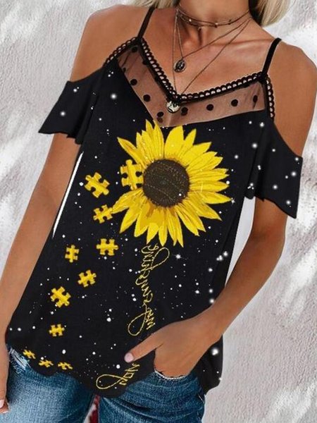 

Floral Letter Casual Loosen V Neck See-Through Look Short Sleeve T-Shirt, Flower, T-Shirts