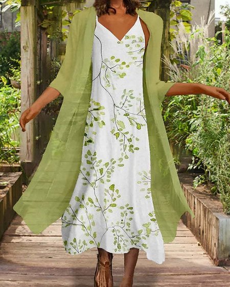 

Casual V neck Floral Sleeveless Two Piece Sets, Green, Maxi Dresses
