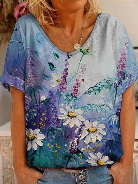 

Floral Loosen Vacation Short Sleeve Tops, Multicolor, T-Shirts