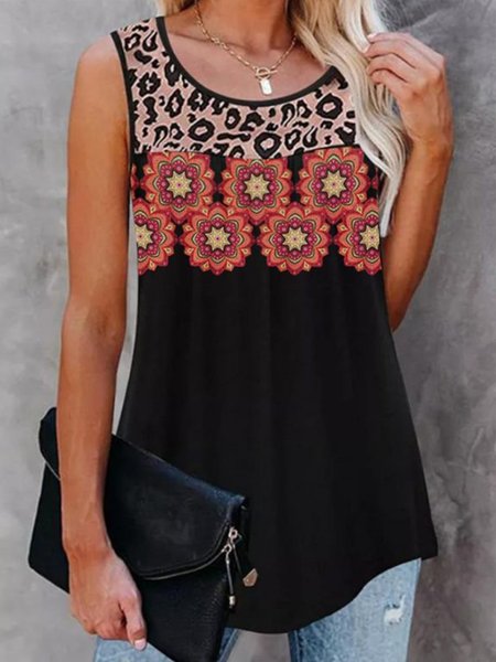 Casual Tribal Sleeveless Crew Neck Knit Tank, As picture, Tank Top