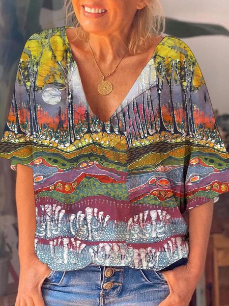 

Landscape Print Cotton Blends V Neck Ombre Short Sleeve Tops, Multicolor, T-Shirts