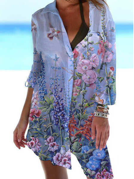 

Vacation Floral Lapel Long Sleeve Women Dress, Multicolor, Dresses