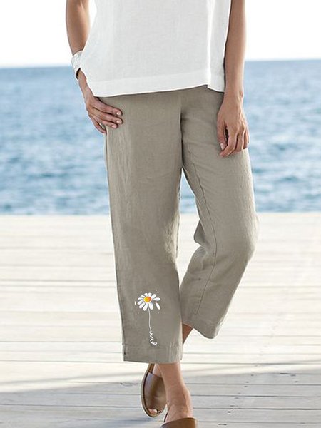 

Linen Floral Cotton Casual Printed Loosen Pockets Pants, Khaki, Pants