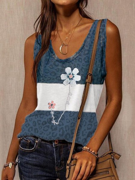 

Casual Printed V Neck Sleeveless Knit Tank, Blue, Tank Top