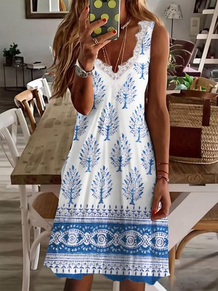 

Regular Fit Tribal Sleeveless Knit Dress, White, Mini Dresses