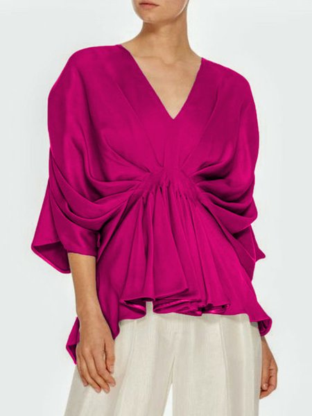

Regular Fit Elegant V Neck Solid Top, Rose red, Tops