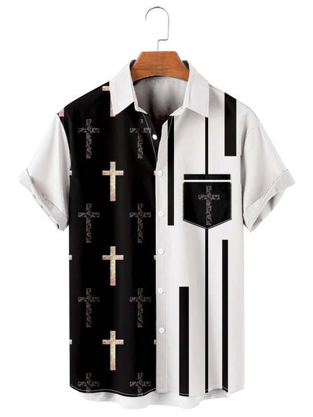

Mens Easter Crucifix Print Loose Chest Pocket Short Sleeve Hawaiian Shirts, Black, Men's Floral shirt
