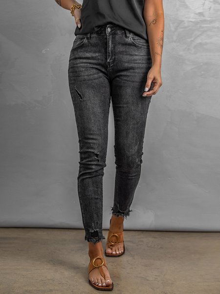 

Ripped Plain Denim Jeans, Black, Jeans