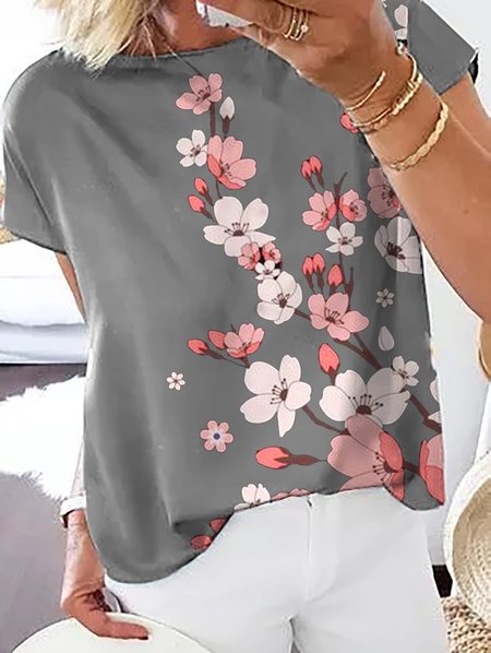 

Floral Cherry Blossoms Short Sleeves Crew Neck Plus Size Casual Tops, Gray, T-Shirts