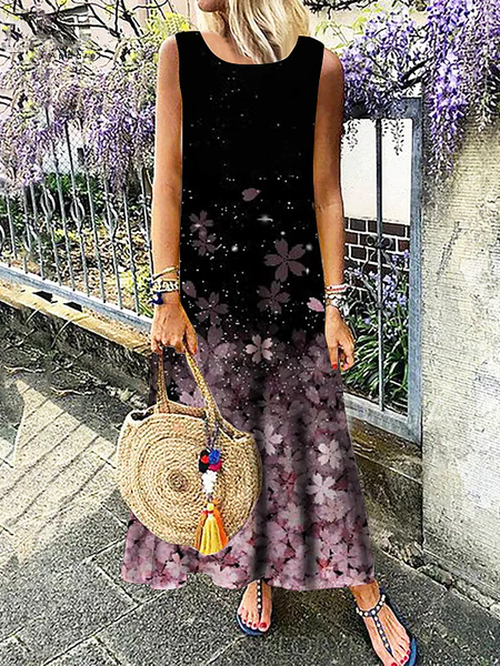 

Vacation Loosen Floral Sleeveless women Dress, Black, Dresses