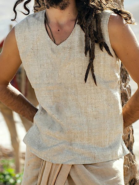 

Men's Cotton Linen Sleeveless Vest Shirt, Beige, Shirts ＆ Blouse