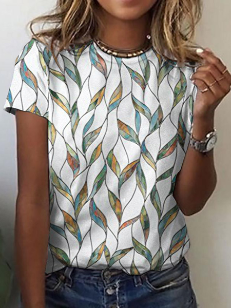 

Leaves Crew Neck Casual Short Sleeve T-Shirt, White, T-Shirts