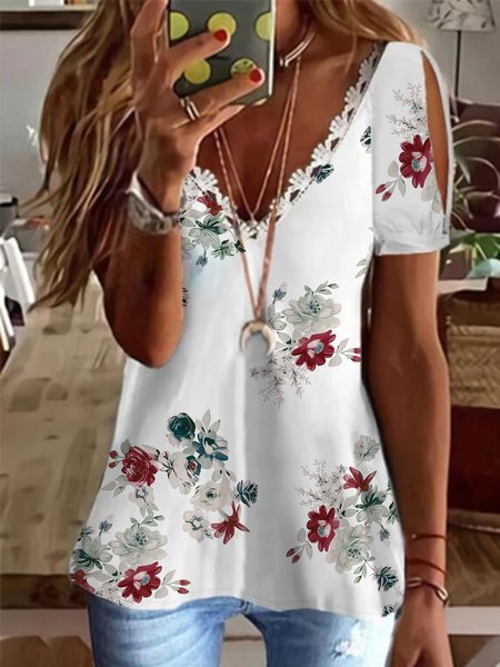 

Casual Floral Short Sleeve V Neck Plus Size Printed Tops T-shirts, White, T-Shirts