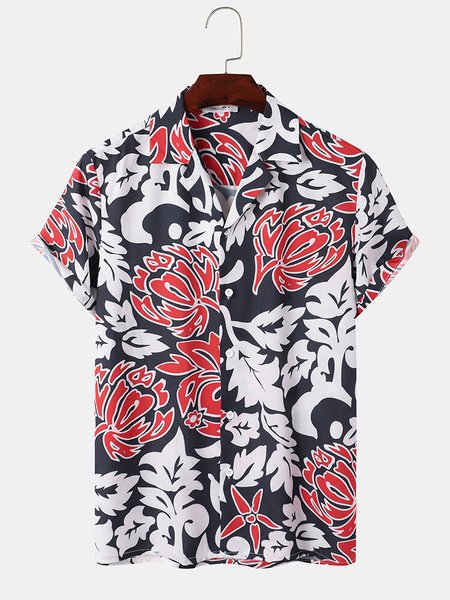 Mens Floral Print Casual Breathable Short Sleeve Shirt, Black-red, Men's Floral shirt