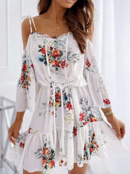 

Floral Vacation Loosen Short Sleeve Woven Dress, White, Mini Dresses