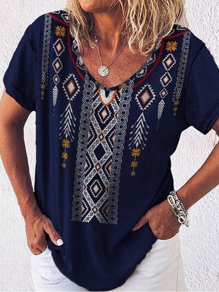 

Geometric Tribal PRINTEDCasual Loosen V Neck Short Sleeve T-Shirt, Blue, T-Shirts