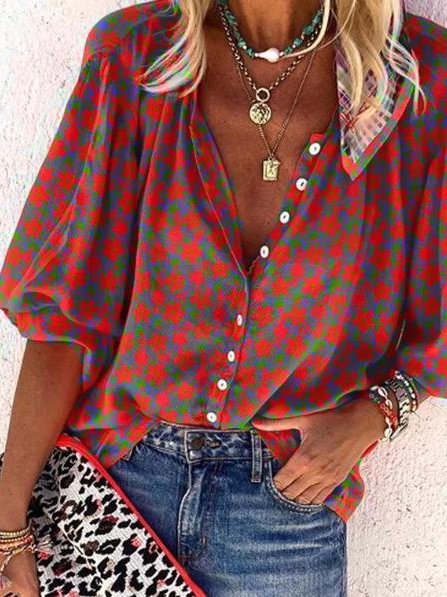 

Loosen Floral Vacation V Neck Mid Sleeve Blouse, Multicolor, Shirts & Blouses