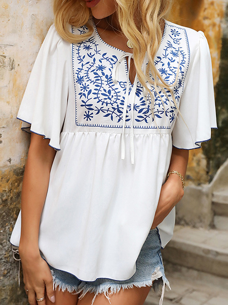 

Notched Loosen Vacation Short Sleeve Tops, Blue, T-Shirts