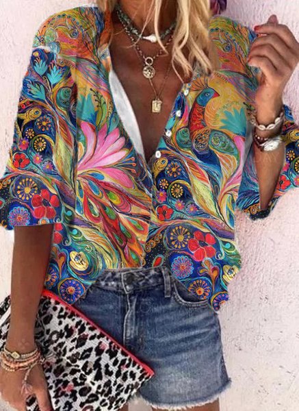 

JFN V Neck Abstract Painting Vacation Shirt, Multicolor, Shirts