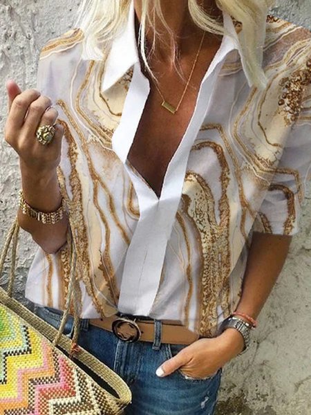 

Casual Geometric Abstract Long Sleeve Blouse, White, Shirts & Blouses