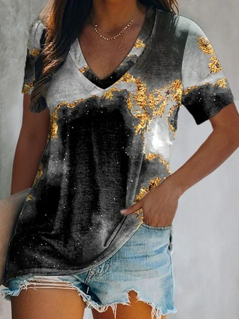 

Abstract Cotton Blends V Neck Casual Short Sleeve T-Shirt, Black, T-Shirts