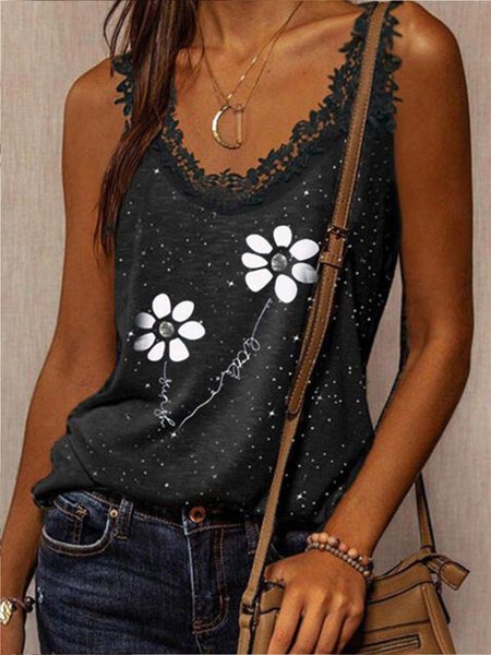 

Casual Floral V Neck Sleeveless Knit Tank, Black, Tank Top
