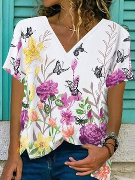 

Butterfly Floral Short Sleeves V Neck Plus Size Casual T-Shirt, Multicolor, T-Shirts