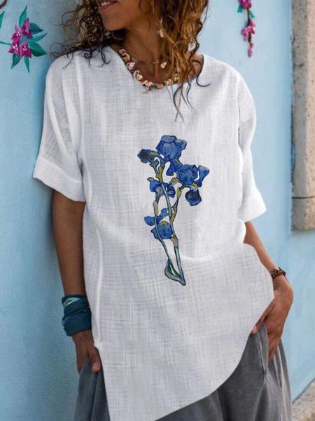 

Cotton Loosen Floral Short Sleeve Tops, White, Tunics