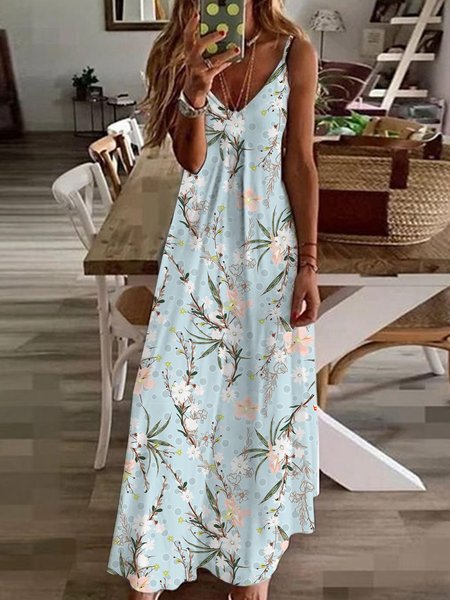 

Blurred flower print suspender sleeveless split fork Holiday Beach ice wrinkled dress long Plus Size, Light blue, Dresses
