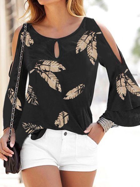

Casual Leaves Printed Long Sleeve Tops, Black, Long sleeve tops