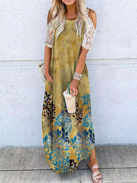 

Leaves Floral Regular Fit Casual Short Sleeve Knit Dress, Yellow, Dresses