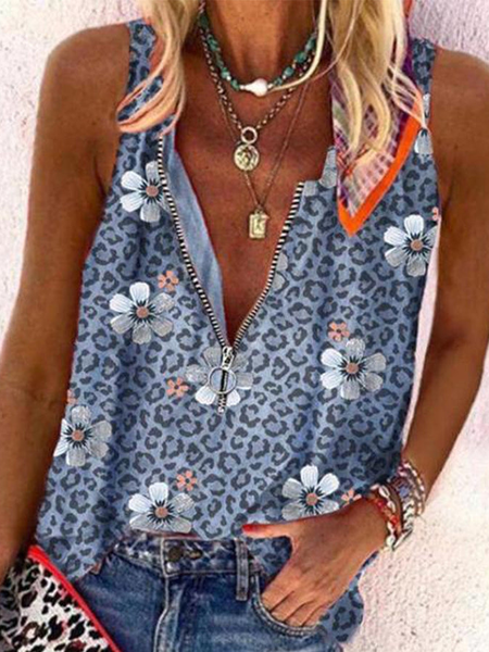 

Floral Regular Fit Vacation Leopard Woven Tank, Blue, Tanks & Camis