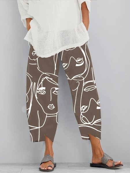 

JFN Abstract Painting Tulip Hem Capris Pants, Deep brown, Pants
