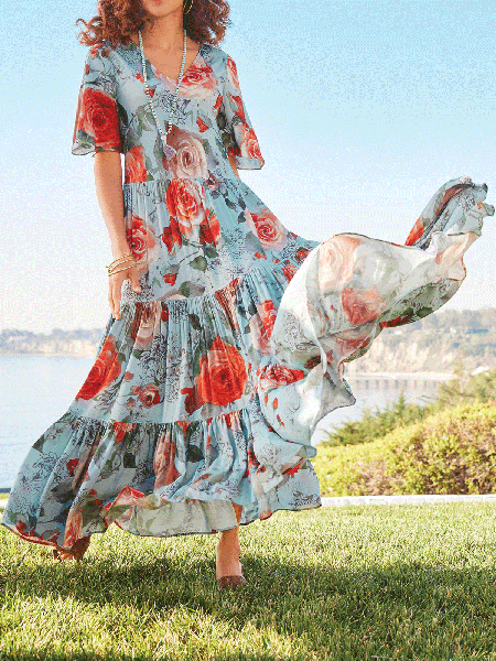 

Boho Ruched Flare Sleeve Short Sleeve Woven Dress, Sky blue, Maxi Dresses